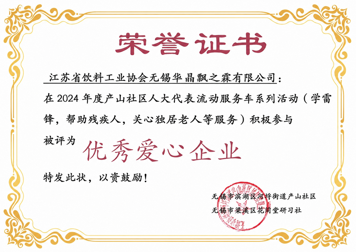 获无锡滨湖河埒街道产山社区颁发的荣誉证书
